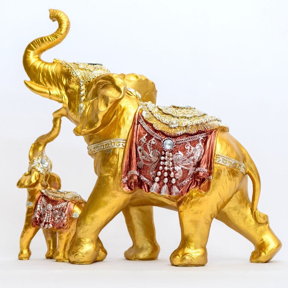 Baby and Mama Elephant Statue With Trunk Facing Upwards Collectible Wealth Lucky